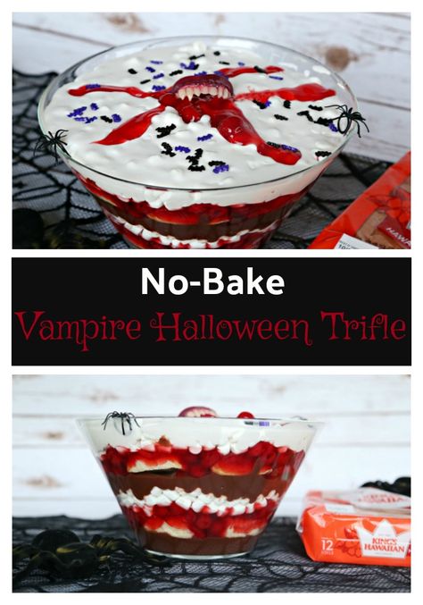 No-Bake Vampire Halloween Trifle with layers of pudding, cherry pie filling and more! This is a great easy Halloween dessert! #ad #FeedMonstrousAppetites #KingsHawaiian #IC @KingsHawaiian Halloween Trifle, Spooky Recipes, Dessert Ad, Stranger Things Halloween Party, Halloween Eats, Queens Food, Fun Halloween Treats, Canning Cherry Pie Filling, Trifle Dish