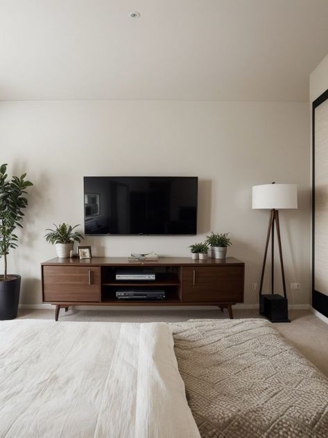 Bedroom Tv Setup, Tv On The Wall, Tv Setup, Ultimate Bedroom, Bedroom Tv, Tv In Bedroom, Modern Flat, Gallery Wall Art, Stylish Bedroom