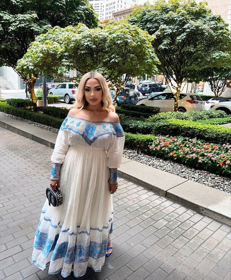 Off The Shoulder Habesha Kemis, Blue Habesha Kemis, Zuria Habesha Dress, Habesha Clothes, Habesha Culture, Black Women Hair Color, Eritrean Dress, Ethiopian Clothing, Habesha Dress