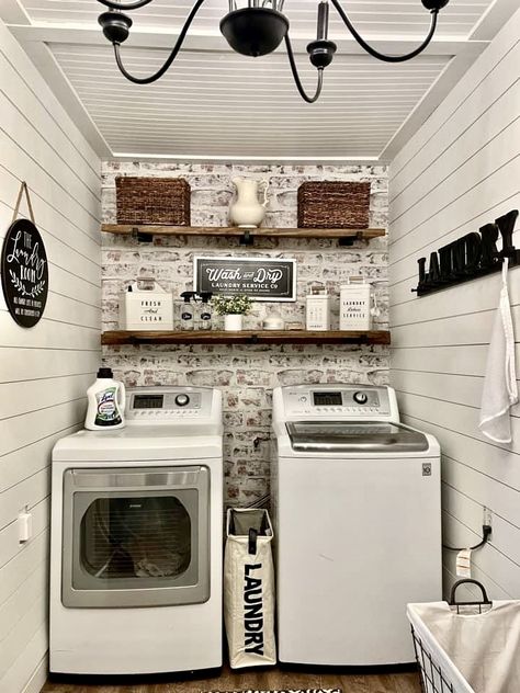 Brick In Laundry Room, Laundry Room Ideas Brick Wall, Brick Laundry Room Wall, Brick Wall Laundry Room, Brick Laundry Room, Bright Laundry Room, Brick Wall Ideas, Fireplace Makeovers, Faux Brick Wallpaper