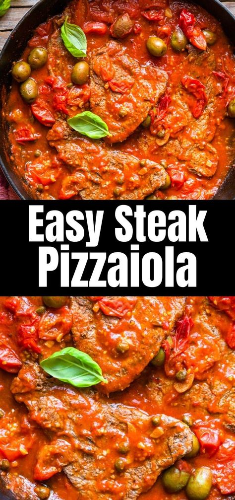 The easiest Steak Pizzaiola recipe made with juicy, perfectly cooked steak and a rich flavour-packed tomato sauce made with cherry tomatoes, olives, and capers. This super easy, stovetop recipe is ready in under 30 minutes. #pizzaiola #steak #Italianrecipes Italian Braciole, Hgc Diet, Italian Steak, Bucatini Recipes, Steak Pizzaiola, Easy Italian Dinner, Italian Meals, Meat Meals, Steak Pasta