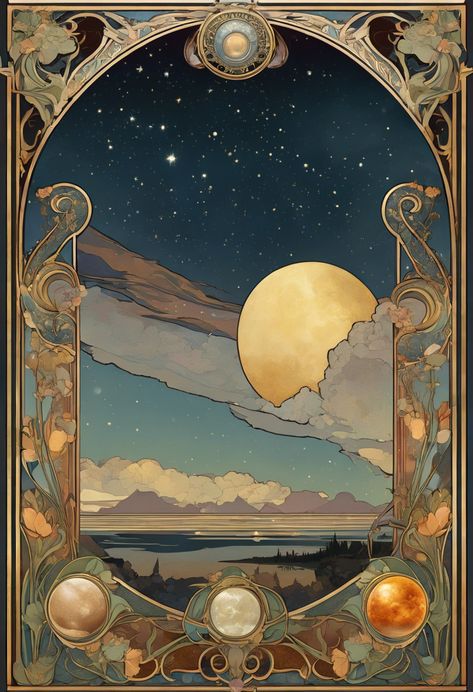 Nouveau Celestial Collision Check more: https://paintlyx.com/nouveau-celestial-collision/ Celestial Art Nouveau, Room Crafts, Aquarius Art, Cosmic Art, Cloud Art, 카드 디자인, Cards Art, Tarot Cards Art, Celestial Art