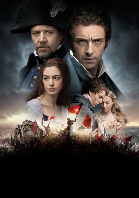 "Les Misérables" movie poster artwork, 2012. Clockwise from top left: Russell Crowe, Hugh Jackman, Amanda Seyfried, Eddie Redmayne, Anne Hathaway. It took over ten years for this musical to get made. It was a massive box office hit ($661 million), Hathaway won the Best Supporting Actress Oscar for her performance, and the cast received glowing reviews for their acting / singing. Les Miserables Movie, Kung Fury, Les Miserables 2012, Jean Valjean, Sacha Baron Cohen, Romance Film, Memoirs Of A Geisha, 2012 Movie, Romantic Period