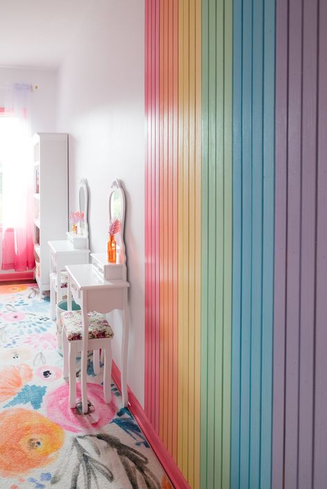 t’s reveal day for this Rainbow spa themed Shared Girls Bedroom makeover! I cannot believe it’s been 8 weeks in the making, and I equally cannot believe that I made it to the end…AND on schedule! Small Miracles!Before we get into the final reveal, let’s take a walk down memory lane for a little look Rainbow House Interiors, Pastel Painted Walls, Rainbow Inspired Bedroom, Girls Bright Bedroom Ideas, Rainbow Feature Wall, Rainbow On Wall Kids Rooms, Pink And Purple Wall Paint Ideas, Subtle Rainbow Wallpaper, Diy Wall Accent Ideas