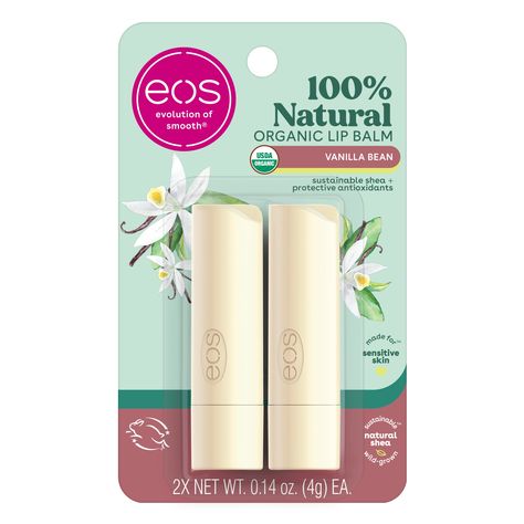 Eos 100% Natural & Organic Lip Balm Sticks- Vanilla Bean, All-Day Moisture, Dermatologist Recommended, 0.14 oz, 2-Pack Shea Butter Oil, Vanilla Lip Balm, Lip Balm Stick, Eos Lip Balm, Chamomile Oil, Organic Lip Balm, Natural Lip Balm, Moisturizing Lip Balm, Dermatologist Recommended