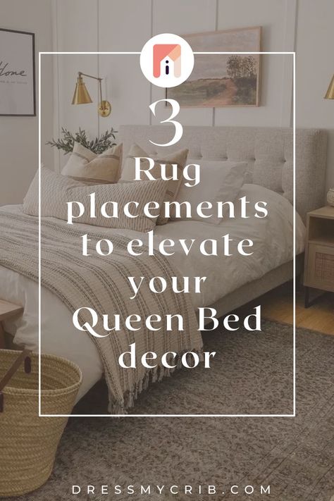 Are you confused about how to place your rug or what rug size for queen bed you should choose for your bedroom decor? Here we've collected 3 queen bed rug placements that will help you create a seamless bedroom interior. Additionally, we have concluded a rug size guide for bedroom together with their placements. Don't struggle with whether you should put bedroom rugs under bed, find the best bedroom rug placements now! Additionally, a collection of neutral rugs, vintage rugs, farmhouse rugs. Rug Under Queen Bed Placement, Queen Bed Rug Placement, Rug By Bed, Bedroom Rug Placement Queen, Queen Bed Rug Size, Rug Size For Queen Bed, Bed Rug Placement, Bedroom Area Rug Placement, Rug Under Queen Bed