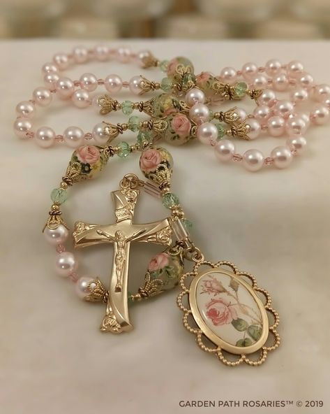 Pearl Rosary, Catholic Rosary, Green Crystal, Pink Pearl, Austrian Crystal, Crystal Pearls, Rosary, Swarovski Crystal, Solid Brass