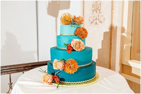 Burnt Orange And Dark Teal Wedding Cake, Teal Peach Wedding, Teal And Peach Wedding, Teal And Orange Wedding Cake, Wedding Cake Teal And Orange, Wedding Cake Orange And Blue, Coral And Teal Wedding Cake, Purple Teal Wedding Cake, Wedding Cake Fall