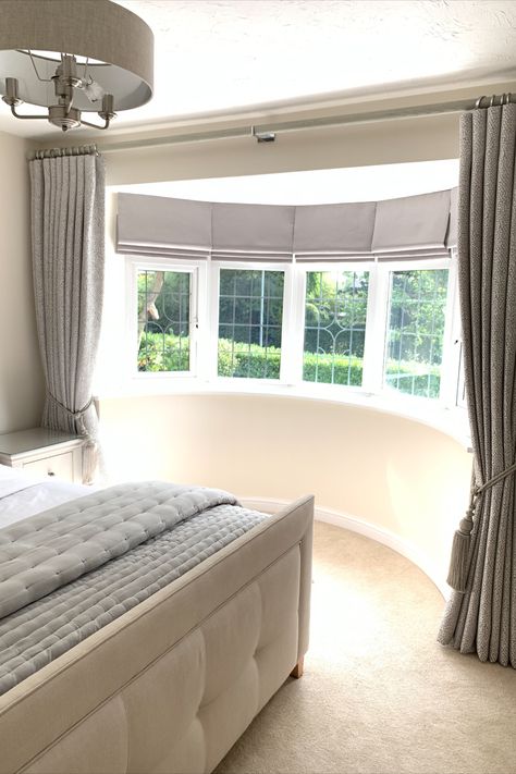 5 Window Bay Window, Curtains Bow Window, Bay Window Curtain Treatments, 5 Bay Window Blinds, Roman Blinds Curved Bay Window, Window Treatments For Wall Of Windows, Curtains Over Bay Window, Curtain In Bay Window, Roman Blinds Bay Window Bedroom