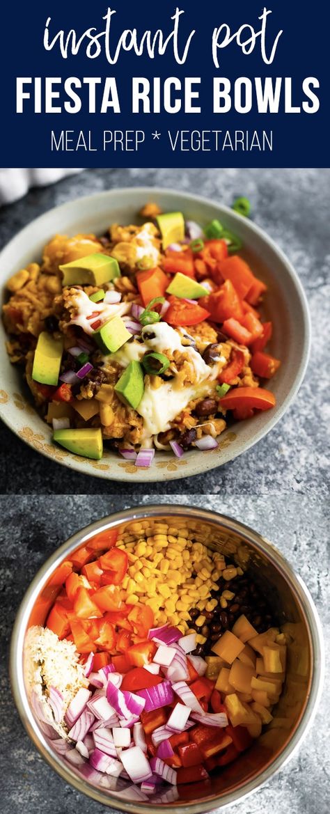 Instant Pot fiesta rice bowls are a vegetarian, gluten-free recipe that works great for meal prep! Just dump it all in the Instant Pot, press the button, and you're done! #sweetpeasandsaffron #mealprep #instantpot #vegetarian Fiesta Rice, Crockpot Meal Prep, Vegetarian Bowls, Gluten Free Vegetarian Recipes, Vegetarian Meal Prep, Meal Prep Bowls, Press The Button, Lunch Meal Prep, Instapot Recipes