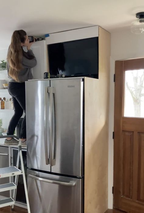 DIY Fridge Cabinet Surround - Sonny Haven Fridge By Door, Odd Fridge Placement, Refrigerator Inside Cabinet, Box In Fridge, Bridge Cabinet Over Fridge, Cabinets On Top Of Fridge, Enclose Fridge Diy, Storage Between Fridge And Wall, Enclose Refrigerator Diy