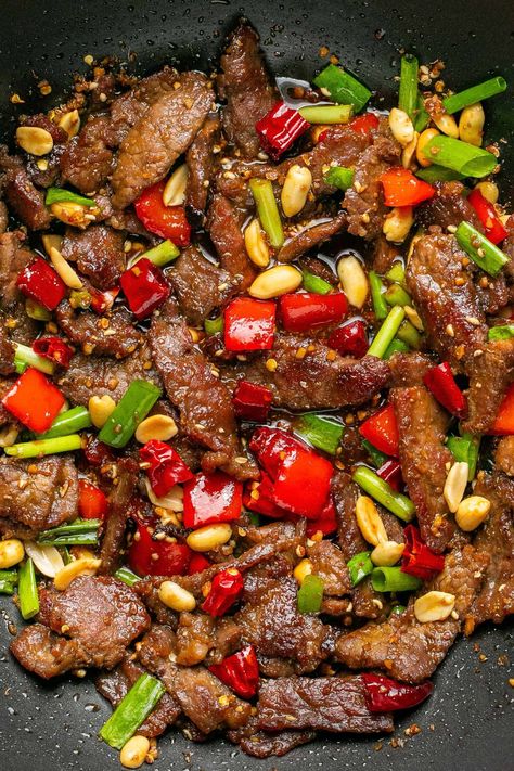 Kung Pao Beef Recipe (Crispy Beef in a Spicy Szechuan Sauce) Schezwan Beef Recipe, Schezwan Beef, Kung Pao Beef Recipe, Kung Pao Beef, Kung Pao Recipe, Shaved Beef Recipe, Kung Pao Sauce, Shaved Beef, Szechuan Beef