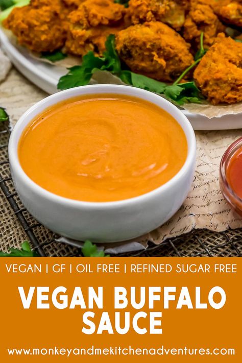 Easy to make and packed with spiciness, this healthy and oil-free Vegan Buffalo Sauce is perfect for drizzling on roasted veggies, baked potatoes, and more. #wholefoodplantbased #vegan #oilfree #glutenfree #plantbased | monkeyandmekitchenadventures.com Vegan Buffalo Sauce Recipe, Vegan Buffalo Sauce, Buffalo Vegan, Vegan Wings, Buffalo Sauce Recipe, Vegan Buffalo Cauliflower, Monkey And Me Kitchen Adventures, Vegan Sauce, Monkey And Me