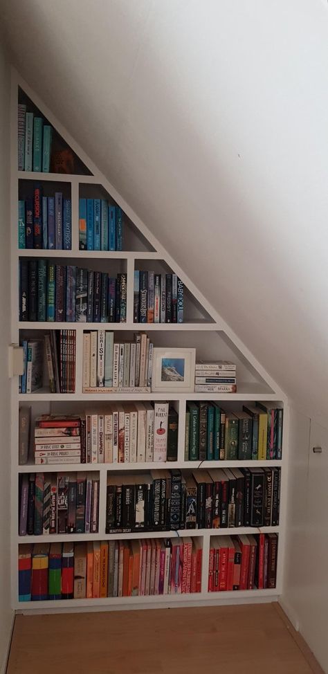 My DIY built-in bookcase!: bookshelf Bookcase On Angled Wall, Slanted Ceiling Bookshelf, Dormer Bookshelves, Attic Bookshelves, Slanted Ceiling Ideas, Slanted Ceiling Bedroom, Slanted Shelves, Attic Room Ideas, Attic Office