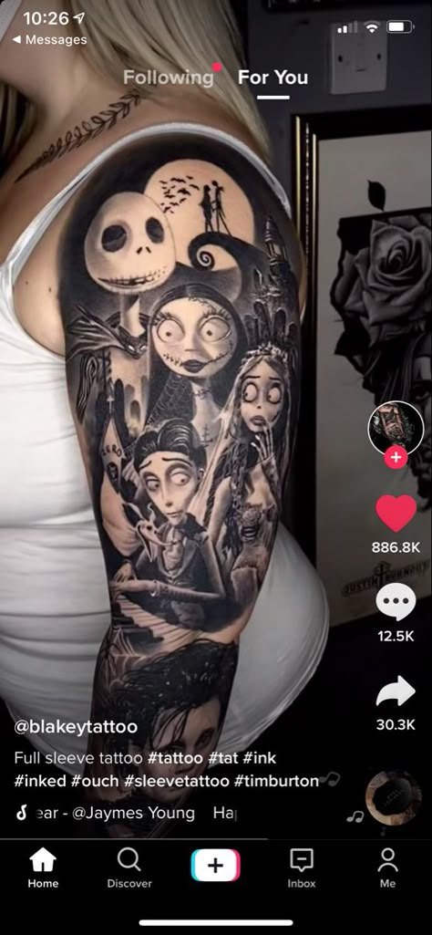 tim burton tattoo Dangerous Tattoo Ideas, Tim Burton Half Sleeve Tattoo, Corpse Bride Sleeve Tattoo, Tim Burton Sleeve Tattoo Women, Tim Burton Leg Tattoo, Tim Burton Leg Sleeve Tattoo, Tim Burton Characters Tattoo, Halloween Tattoo Sleeves, Caroline Tattoo Tim Burton