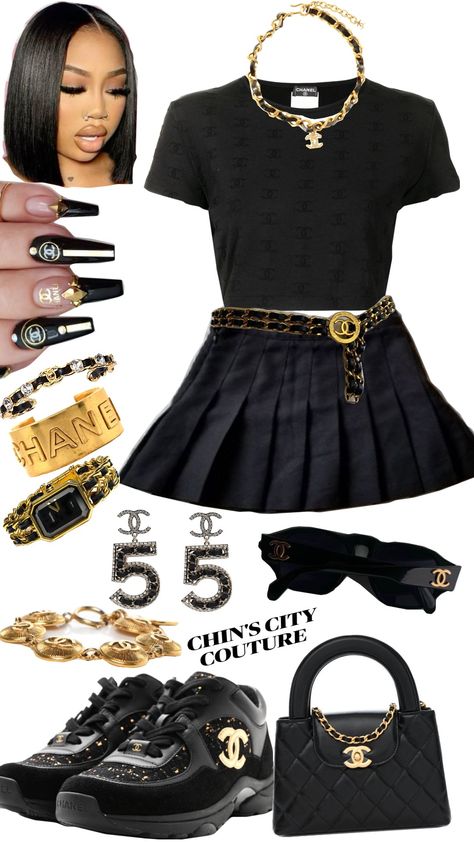 #allblk #gold #fashion #chanel @CHINCITYCouture Fashion Chanel, Gold Fashion, Stylish Outfits, Chanel, Gold, Pins