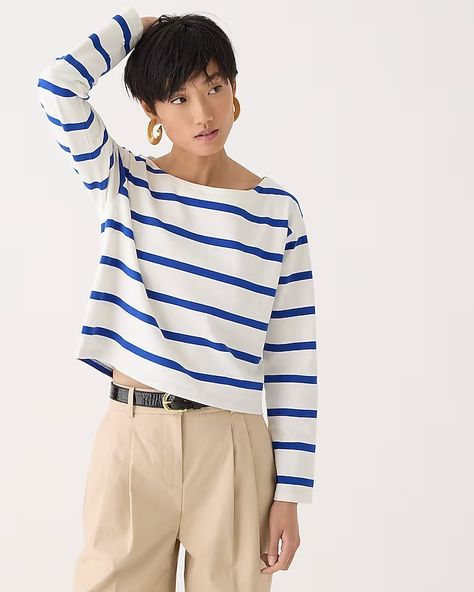 J.Crew: Cropped Boatneck T-shirt In Stripe For Women Jcrew Collection, Popover Shirt, T-shirts & Tank Tops, Denim Button Down, Jcrew Women, Crew Shirt, Pink Plaid, Puff Sleeve Top, Poplin Shirt