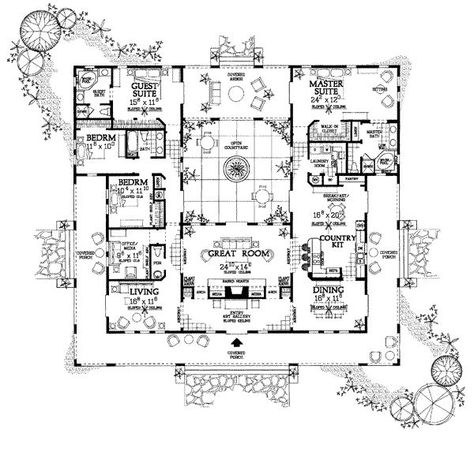 love it! Spanish Style House Plans, Spanish House Plans, Southwest House Plans, Mediterranean Courtyard, Southwest House, Central Courtyard, Hacienda Style Homes, Mediterranean Style House Plans, Mediterranean House Plans