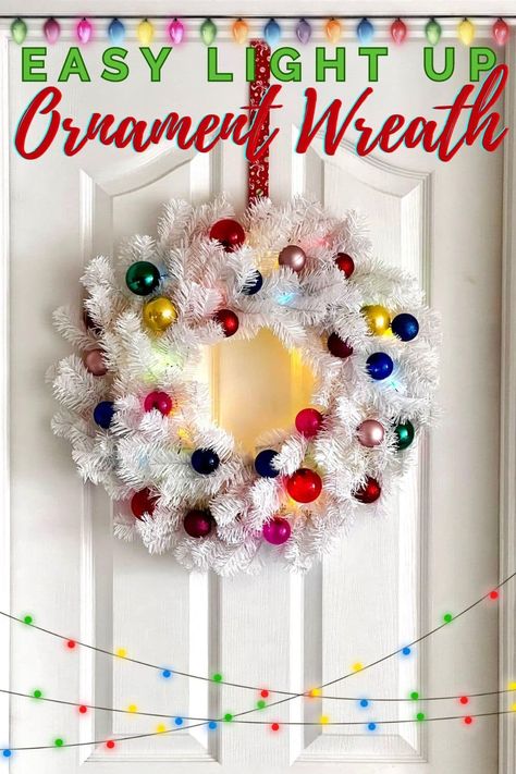 This fun and easy light up ornament wreath can be made in any color scheme you choose with a matching wreath hanger! Colorful Ornaments, Diy Christmas Wreath, Fun Wreath, Pom Pom Wreath, Diy Light, Shatterproof Ornaments, White Wreath, Wreath Hanger, White Christmas Trees