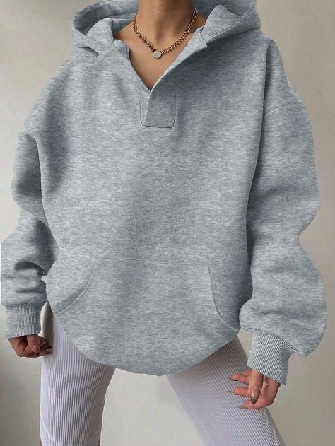 Loose Casual Hooded Women Autumn Winter Dropped Shoulder Long Sleeve Solid Color Sweatshirt Light Grey Casual  Long Sleeve Polyester Plain Half Placket Non-Stretch  Women Clothing, size features are:Bust: ,Length: ,Sleeve Length: Color Sweatshirt, Lined Hoodie, Women's Shapewear, Drop Shoulder, Women Lingerie, All Fashion, Women Clothes Sale, Women Clothing, Sweat Shirt