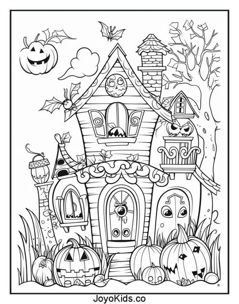 Haunted House Coloring Page, Haunted House Coloring, Cute Halloween Coloring Pages, Free Halloween Coloring Pages, Halloween Coloring Sheets, Creative Haven Coloring Books, Hallowen Ideas, Halloween Coloring Book, Fall Coloring Pages