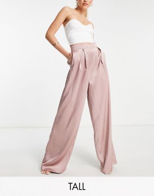 First Distraction the label Tall high rise satin wide leg pants in heather rose | ASOS Satin Wide Leg Pants, Heather Rose, Satin Trousers, Satin Pants, Rose Style, Drop Top, Pin Tucks, Pink Satin, Wide Leg Trousers