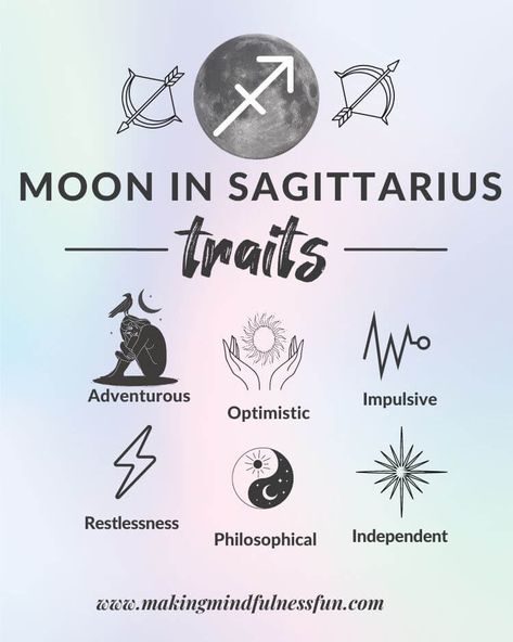 What does it mean to have your moon in the sign of Sagittarius in your birth chart? Read this blog to learn the strengths, weaknesses, and personality traits of having a Moon in Sagittarius. #moon #astrology #sagittarius Sagittarius Glyph, Sagittarius Core Aesthetic, Sagittarius Moon Aesthetic, Astrology Moodboard, Sagittarius Friends, Sag Moon, Sagittarius Moon Sign, Moon Sagittarius, Astrology Sagittarius