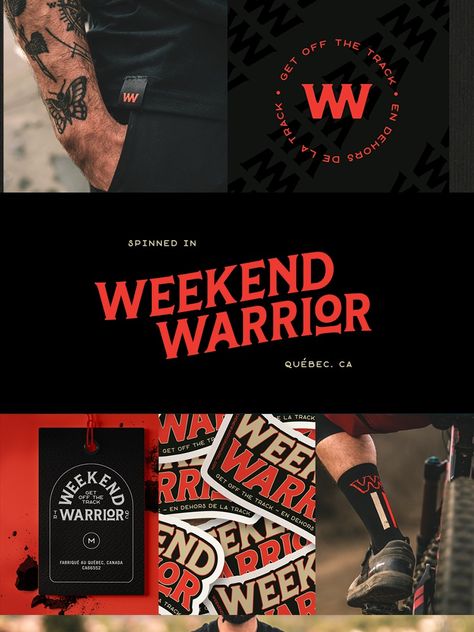 Vintage and simple brand identity and logo for Weekend Warrior, a cool, new mountain bike apparel brand. Branding, brand logo, logo design, vintage logo, logo inspiration, vintage logo ideas, vintage brand identity. Masculine Package Design, Visual Branding Identity, Urban Logo Design Ideas, Vintage Brand Identity, Clothing Brand Identity Design, Sports Brand Identity, Sports Branding Design, Tattoo Shop Branding, Sport Logo Ideas