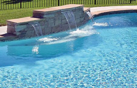 Pool Waterfall Diy, New York Garden, Waterfall Swimming, Swimming Pool Fountains, Blue Haven Pools, Swimming Pool Waterfall, Gunite Swimming Pool, Inground Pool Designs, Swimming Pool Pictures