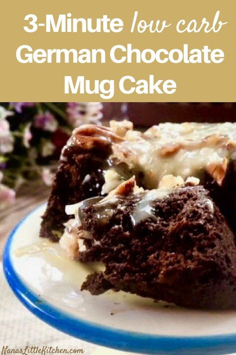 Thm Chocolate Mug Cake, German Chocolate Mug Cake, Low Carb German Chocolate Cake, Keto German Chocolate Cake, Thm Chocolate, Low Carb Mug Cakes, Pecan Frosting, Coconut Pecan Frosting, Chocolate Mug Cake