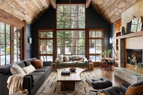 Mountain House Renovation, Minnesota Lake Homes, Cozy Mountain Cabin Aesthetic, Lake Tahoe Living Room, Lake Tahoe Cabin Interior, Lake Cabin Interiors Living Room, Moody Mountain Living Room, Tahoe Cabin Interior, Moody Mountain Aesthetic Home