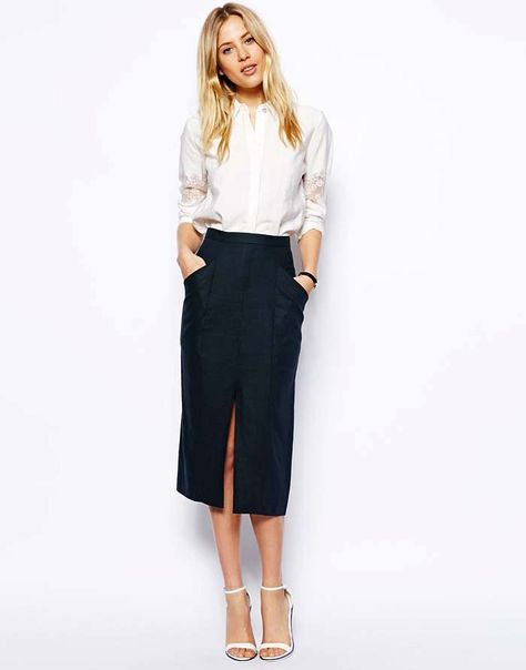 ASOS Linen Split Front Pencil Skirt Style Désinvolte Chic, Trendy Skirts, Style Noir, Vintage Style Dresses, A Skirt, Summer Style Casual, Blouse Outfit, Tk Maxx, Casual Skirts