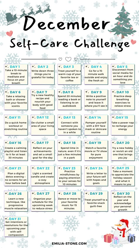 Let's have a real talk about this festive yet often overwhelming time of year. With twinkling lights, holiday gatherings, and the pressure to meet year-end goals, it's easy to get swept up in the chaos and forget about the most crucial person in the equation: you. Check out my 31-day simple self-care challenge for this month. Self Care Calendar, Christmas Self Care, Self Care Challenges, 30 Day Challenges, Winter Arc, Self Care Challenge, Monthly Challenges, Practicing Self Love, Self Care Bullet Journal