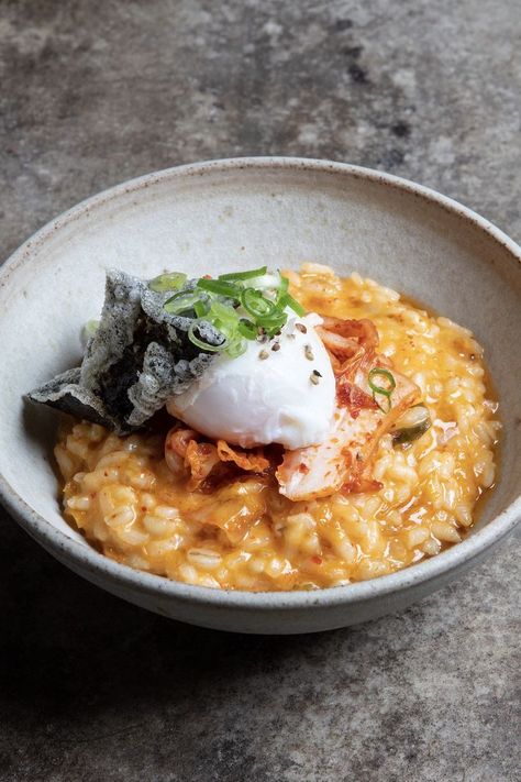 Crispy Seaweed, Resep Smoothie, Fusion Dishes, Risotto Recipe, Poached Egg, Risotto Recipes, Poached Eggs, Kimchi, Asian Recipes