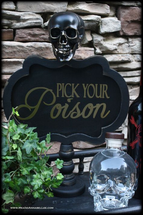 DIY Skull Chalkboard Stand | Pick Your Poison Sign | Halloween Crafts | Gothic Bar Cart | Goth it yourself | Gold Cricut Vinyl Lettering |www.MeandAnnabelLee.com Pick Your Poison Sign, Poison Sign, Gothic Bar, Gothic Diy, Gothic Halloween Decorations, Halloween Signs Diy, Chalkboard Stand, Diy Skulls, Halloween Circus