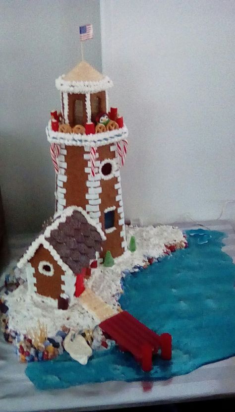 Boat Gingerbread House, Gingerbread Lighthouse Template, Lighthouse Gingerbread House, Gingerbread Building Ideas, Gingerbread Building, Gingerbread Lighthouse, Gingerbread City, Nautical Cookies, Gingerbread Competition