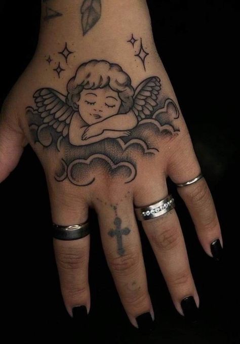 Angel Hand Tattoo, Tatuaje Hello Kitty, Cupid Tattoo, Hand Tattoos For Girls, Cute Hand Tattoos, Hand And Finger Tattoos, Pretty Hand Tattoos, Pretty Tattoos For Women, Hand Tattoos For Women