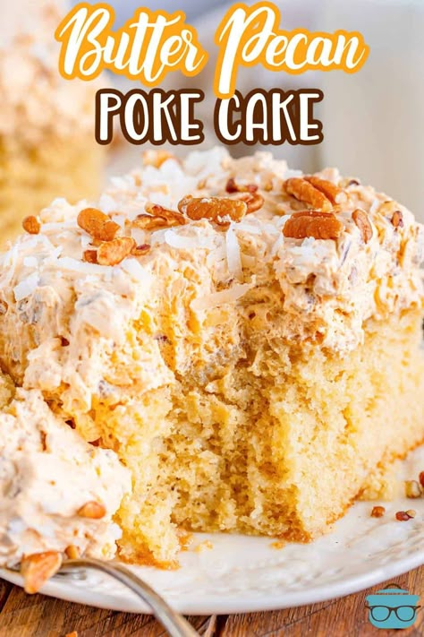 Every bite of this easy Butter Pecan Poke Cake is heavenly! A moist butter pecan cake with a luscious frosting and wonderful textures, it's truly incredible! Betty Crocker Butter Pecan Cake Recipes, A Slice Of Heaven Cake, Butter Pecan Poke Cake, Pecan Poke Cake, Cake Poke, Cake Mix Ingredients, Butter Pecan Cake, Cake Mix Desserts, Dump Cakes