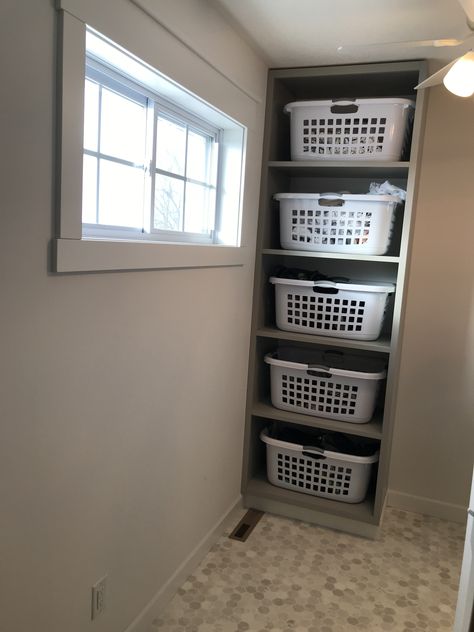 Custom laundry basket shelves for sorting. Laundry Basket Shelves, Laundry Room Baskets, Laundy Room, Laundry Room Storage Shelves, Laundry Room/mud Room, Laundry Basket Storage, Room Storage Diy, Dream Laundry Room, Laundry Room Renovation