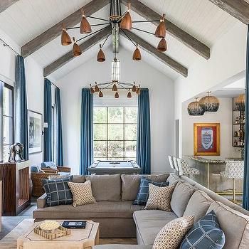 Kitchen Vaulted Ceiling with Wood Beams - Transitional - Kitchen Rustic Window Treatments, How To Hang Curtains, Bamboo Dining Chairs, Wooden Beams Ceiling, Houston Interior Designers, Rustic Window, Wood Floors Wide Plank, Wood Beam Ceiling, Gray Dining Chairs