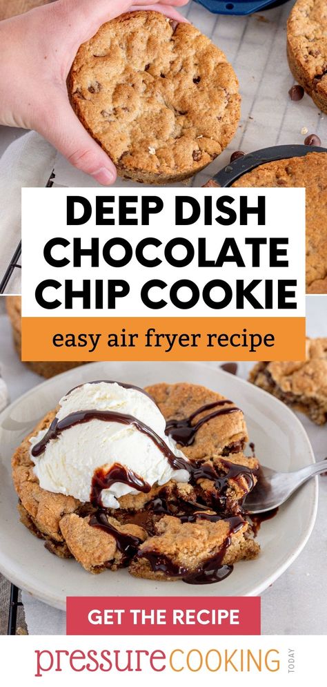 An oversized, perfect for two people chocolate chip cookie. it cooks up like a skillet cookie or a pizookie with crispy crunchy edges and a gooey, tender center. Tastes great with vanilla ice cream on top. via @PressureCook2da Frozen Cookie Dough In Air Fryer, Air Fried Cookie Dough, Air Fryer Deep Dish Cookie, Fried Cookie Dough Air Fryer, Bake In The Air Fryer, Cookies In Air Fryer, Air Fryer Chocolate Chip Cookies, Giant Chocolate Chip Cookie Cast Iron Skillet, Air Fryer Cookies