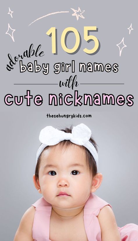 These adorable baby girl names have the cutest nicknames! With over 105 names with meanings and origins, you can find a special name for your new baby daughter with ease. This list is created with your baby's future nicknames in mind! Nicknames For Baby Girls, Girl Nicknames, Girl Names With Nicknames, Names With Cute Nicknames, Unique Nicknames, Baby Nicknames, Names With Nicknames, Nicknames For Girls