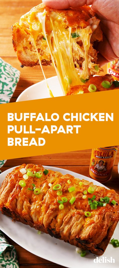 You'll regret not making this Buffalo Chicken Pull-Apart Bread. Get the recipe at Delish.com. #recipe #easy #easyrecipes #delish #bread #buffalo #chicken #baking #cheese #apps #appetizer #spicy #superbowl #football #game #day #cholula Cheese Bread Pull Apart, Chicken Pull Apart Bread, Buffalo Chicken Bread, Bread Pull Apart, Pull Apart Cheese Bread, Cholula Hot Sauce, Buffalo Chicken Dip Easy, Bread Pull Apart Recipes, Chicken Dip Recipe