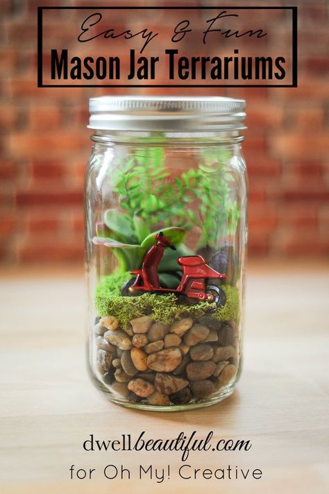 Are you looking for an easy DIY craft for kids or adults? This easy tutorial for mason jar terrariums is perfect for all ages! Customize yours with different plants and figures for a fun look and then use them as DIY home decor! #terrariums #diyterrariums #diyhomedecor #diycrafts #diyadultcrafts #diykidscrafts #masonjarcraft Mason Jar Terrarium, Jar Terrarium, Diy Mason Jar Lights, Diy Fairy Garden, Tattoo Plant, Mason Jar Projects, Diy Jar Crafts, Spring Crafts For Kids, Mason Jar Crafts Diy