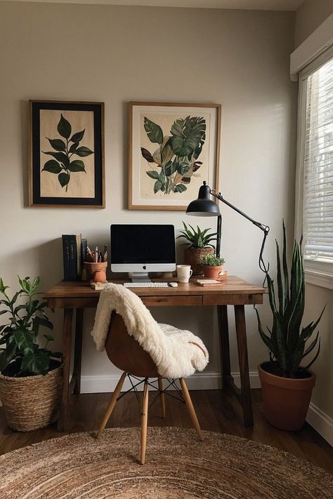 Study Room Decor Dark Wood, Cozy Office Room Aesthetic, Office With Wooden Desk, Bedroom Desk Ideas Aesthetic Vintage, Wooden Desk Home Office, Desk Facing Wall Decor, Study Room Decor Rustic, Rental Friendly Home Office, Desk In The Bedroom Ideas