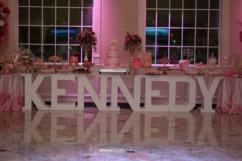 Kennedy “super sweet sixteen” room decor pretty in pink name table Dessert table chair covers sequin over the top pink decor pink ombre wedding birthday parties Sweet 16 Name Display, Light Pink Sweet 16 Cake, Pretty In Pink Birthday Party Sweet 16, Sweet 16 Treat Table Ideas, Pink And White Sweet 16 Ideas, Sweet 16 Party Ideas Pink, Sweet 16 Pink Theme, Pink Sweet 16 Decorations, Sweet Sixteen Themes