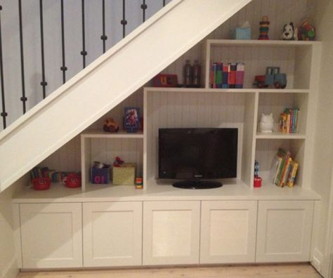 Under Stairs Media Unit                                                                                                                                                                                 More Staircase Cabinet, Cabinet Under Stairs, Open Basement Stairs, Space Under Stairs, تحت الدرج, Under Stairs Storage, Ruang Tv, Stairs Storage, Stairs In Living Room