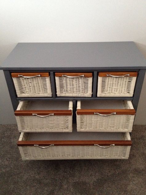 My finished wicker drawer, done in a Dark Gray , and an ivory and  bought new handles Wicker Drawers Makeover, Creative Painted Furniture, Wicker Drawers, Dresser Inspo, Wicker Bedroom Furniture, Wicker Cabinet, Basket Makeover, Old Wicker, Wicker Dresser