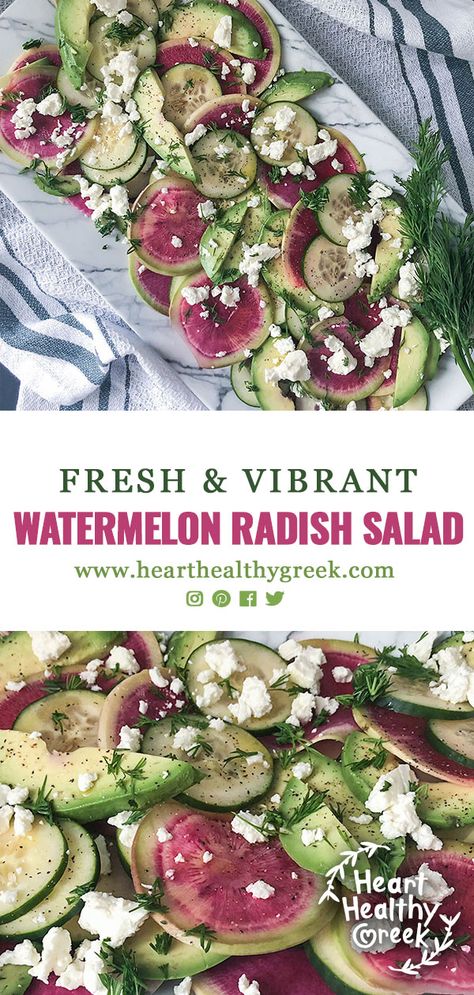 Watermelon Radish Salad Watermelon Radishes Recipe, Watermelon Radish Recipe, Watermelon Radish Salad, Radish Salad Recipe, Healthy Greek Recipes, Salad Watermelon, Side Salads, Watermelon Radish, Radish Recipes