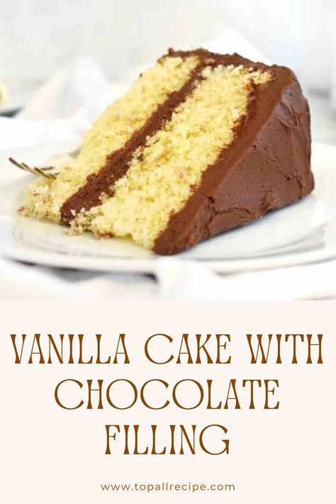 Vanilla cake with chocolate filling is a delightful dessert featuring layers of moist vanilla sponge cake, complemented by a rich, creamy chocolate filling. This treat balances the lightness of vanilla with the indulgence of chocolate, making it perfect for celebrations or a sweet indulgence any time of year. Chocolate Vanilla Cake, Cake Flour Substitute, Chocolate And Vanilla Cake, Vanilla Sponge Cake, Butter Cake Recipe, Chocolate Making, Leftover Cake, Vanilla Sponge, Cake Fillings